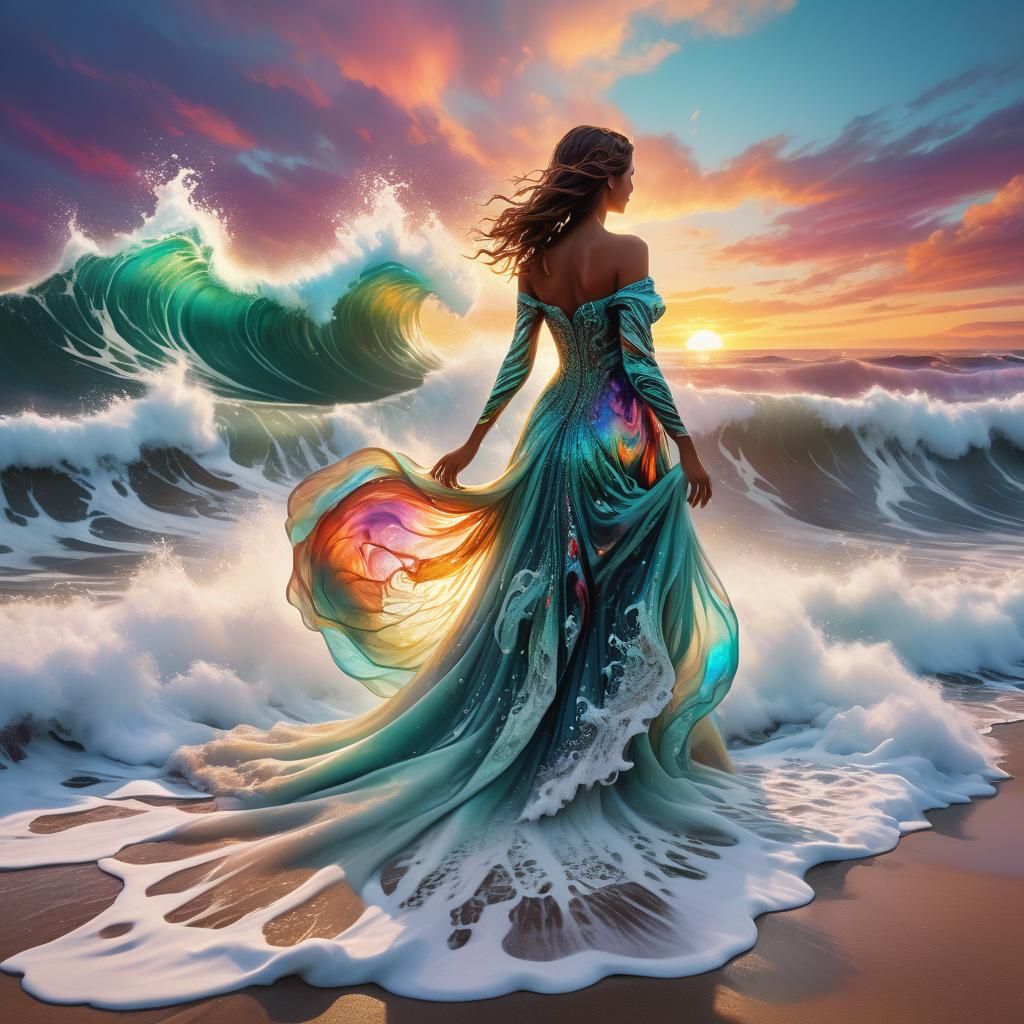 Sunset Beach Double Exposure Art Nouveau Painting