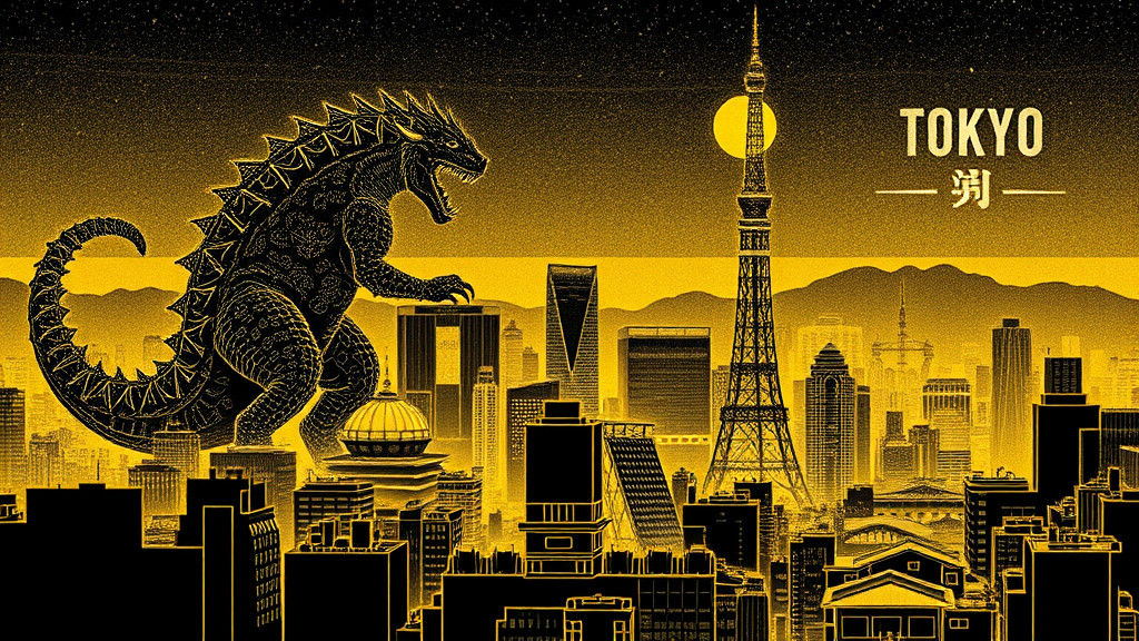 Tokyo Skyline Attacked by Godzilla: Intricate Line Art