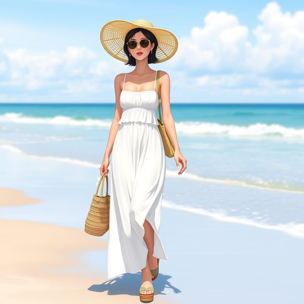 Serene Thai Woman Strolls on the Beach in Hyper Realistic St...