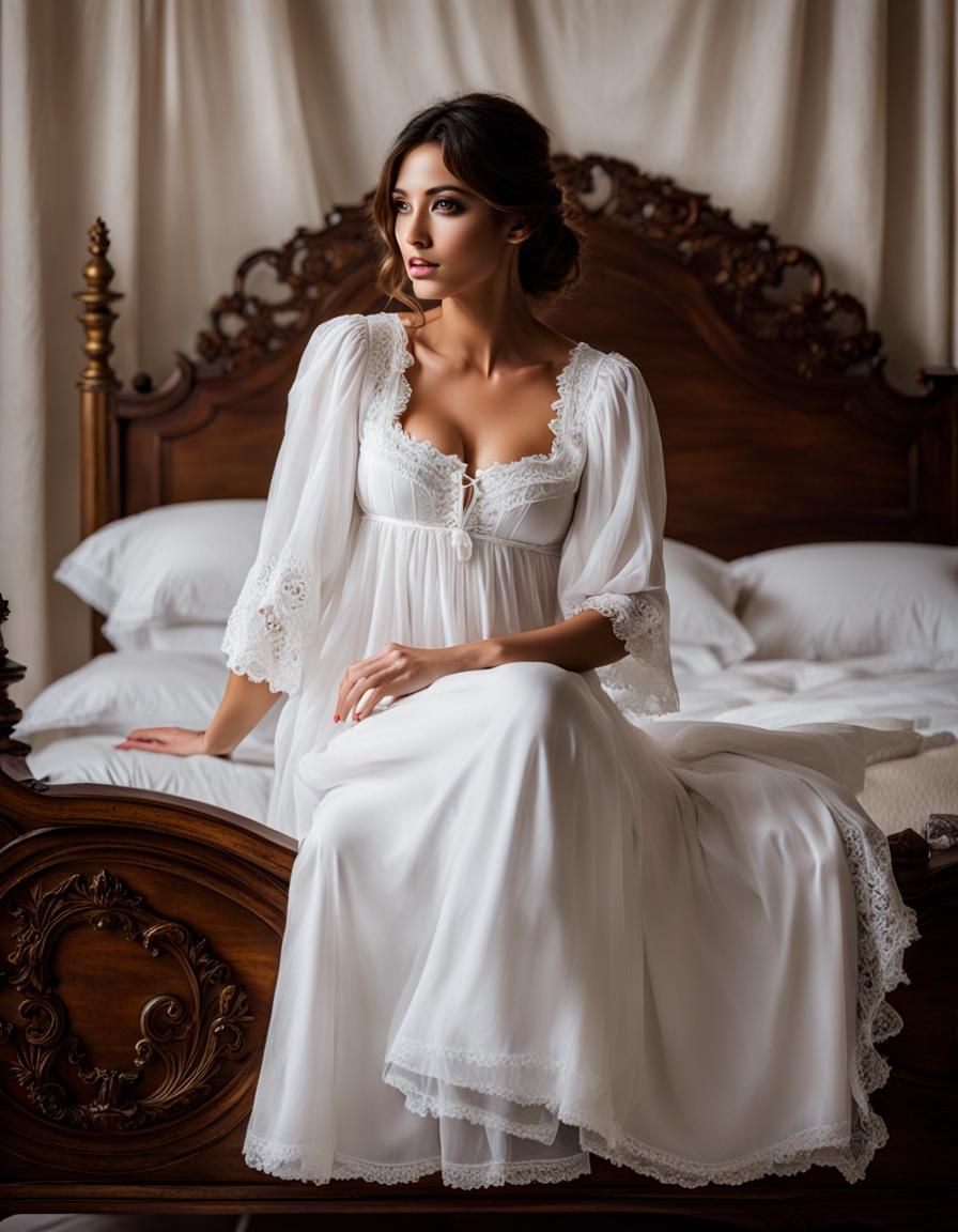 Maiden in White Babydoll Dress on Bed