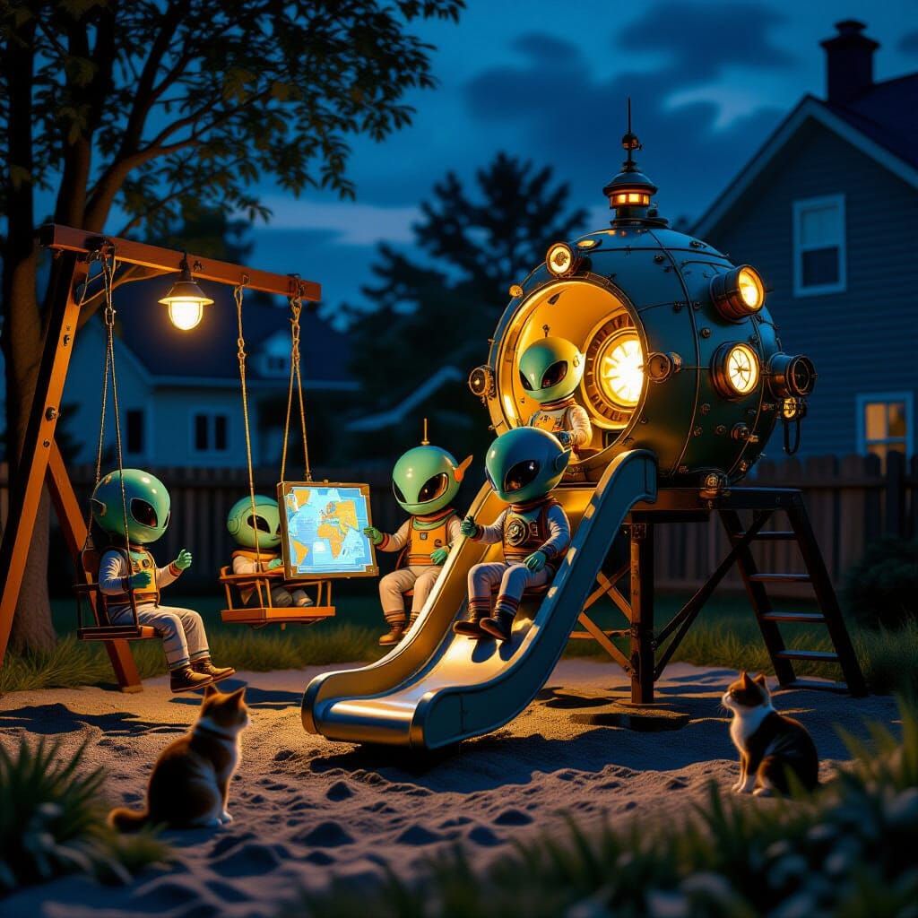 Steampunk Alien Landing on Playground, 3D Render
