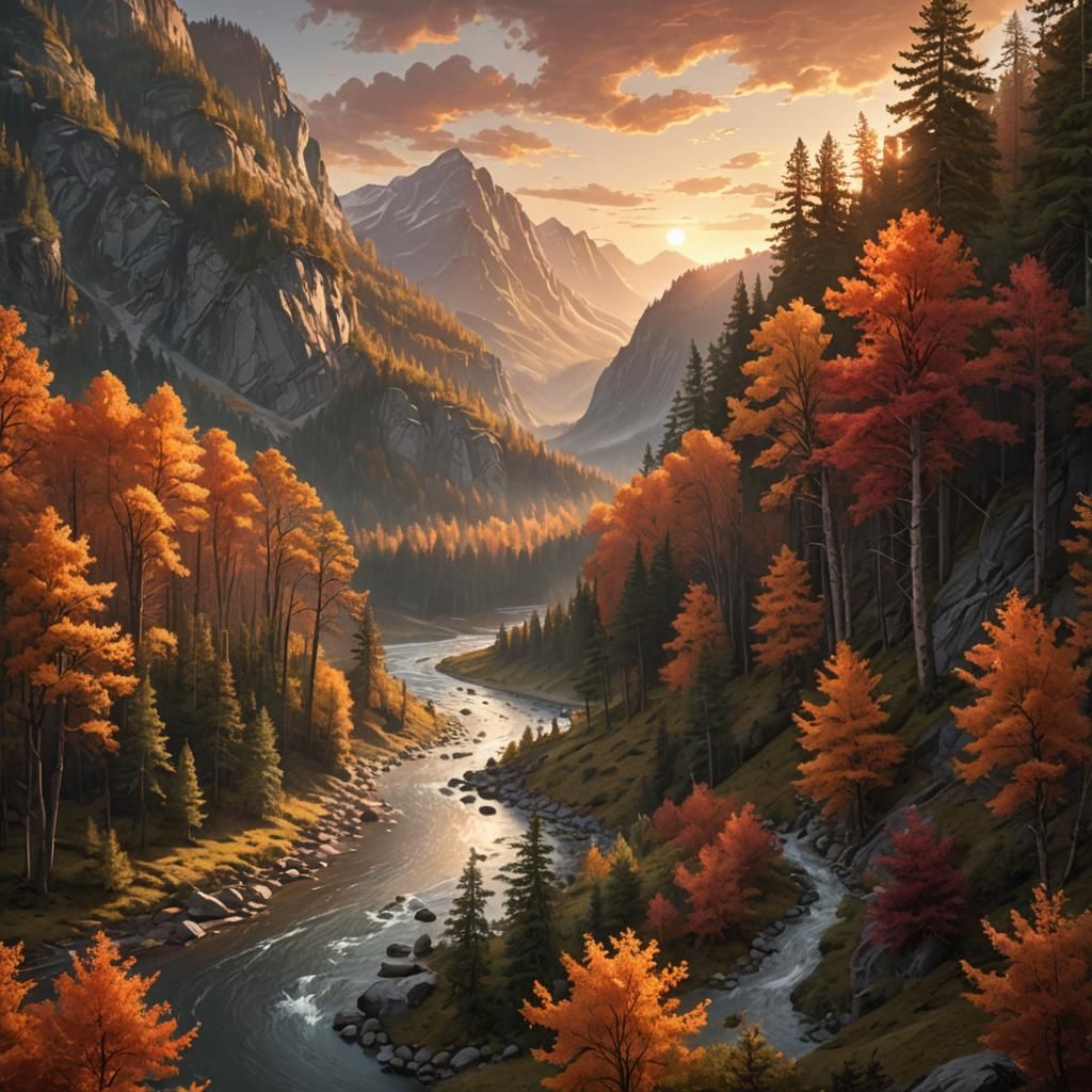 Serene Forest Landscape at Sunset: Vivid Digital Art
