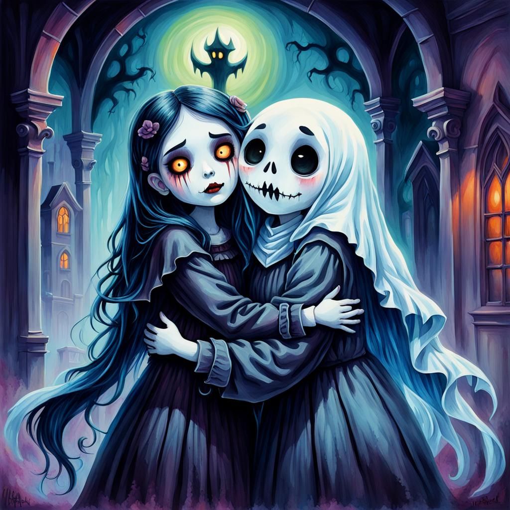 Ghost Hugs Goth Girl: Gouache Watercolor Painting