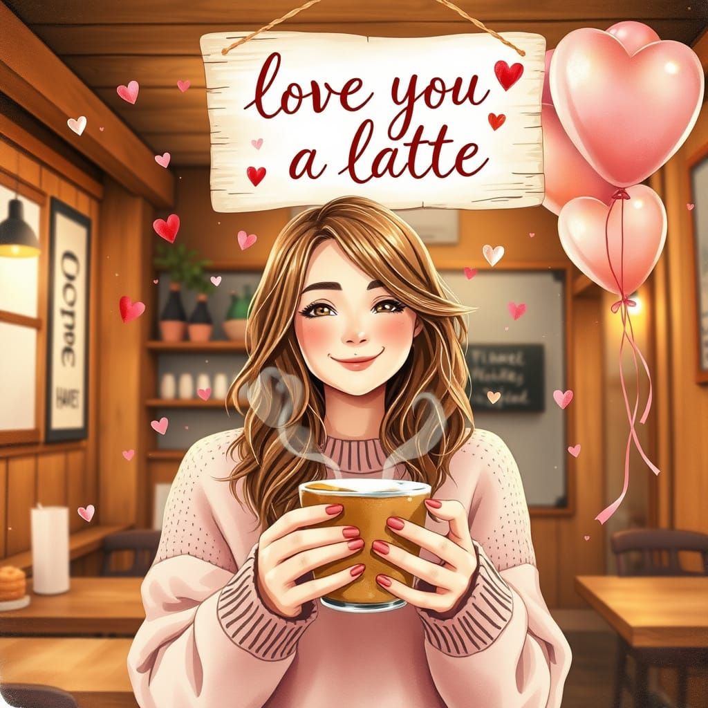 Woman in Cozy Coffee Shop Holds Steaming Latte with Whimsica...