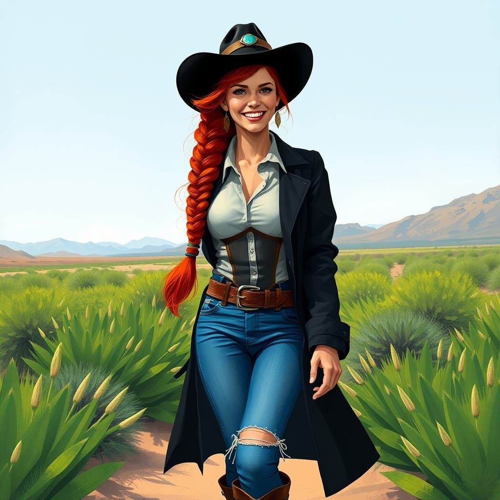 Woman with Red Hair in Desert, Digital Painting Style