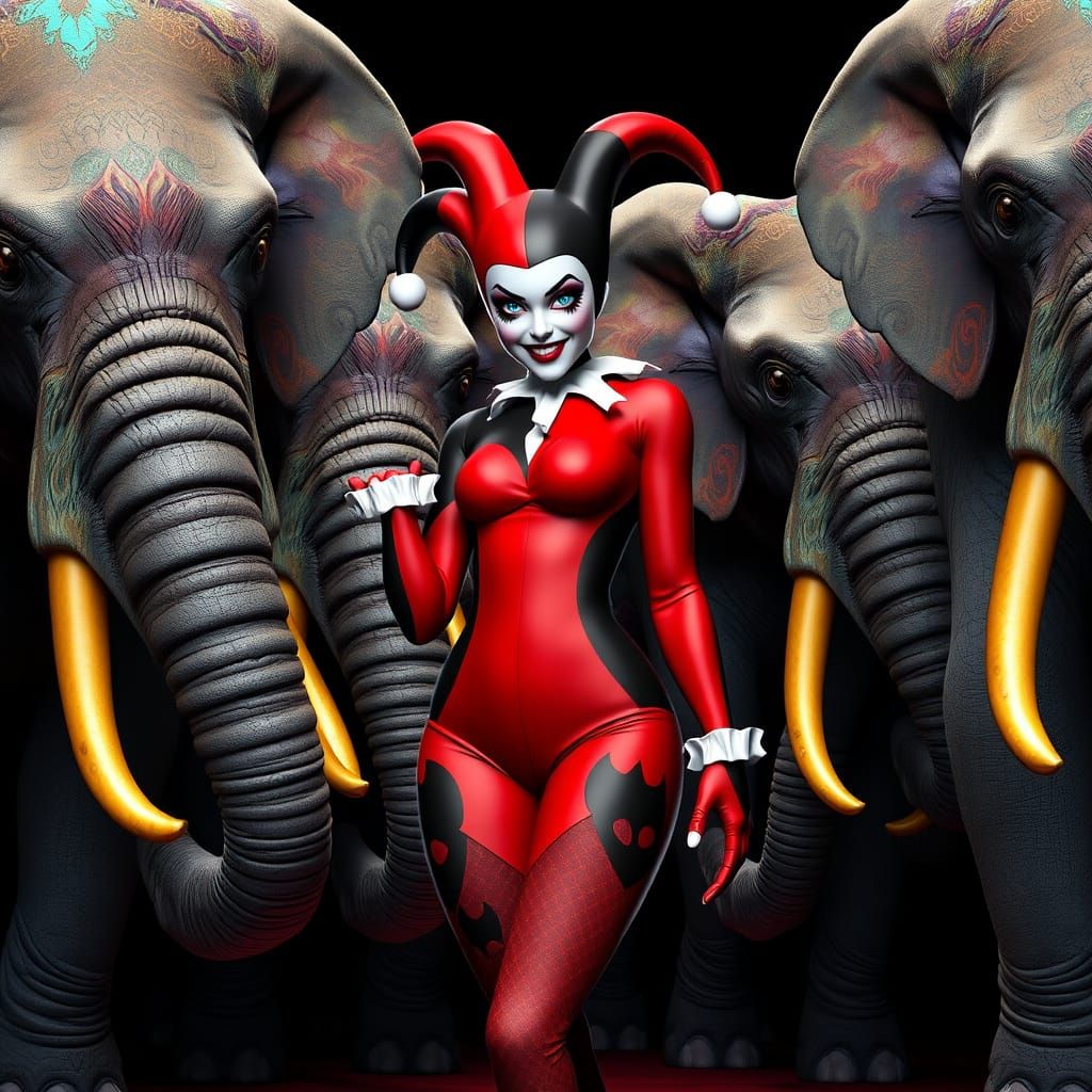Harley Quinn and Colorful Elephants in Fantastical Circus