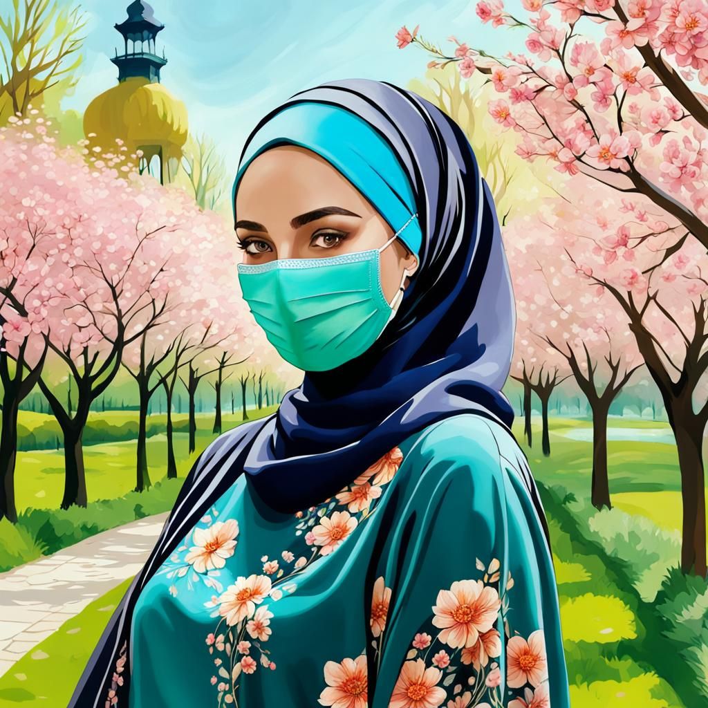 Beautiful Hijabi Woman in Spring Park, Oil-Guache Painting