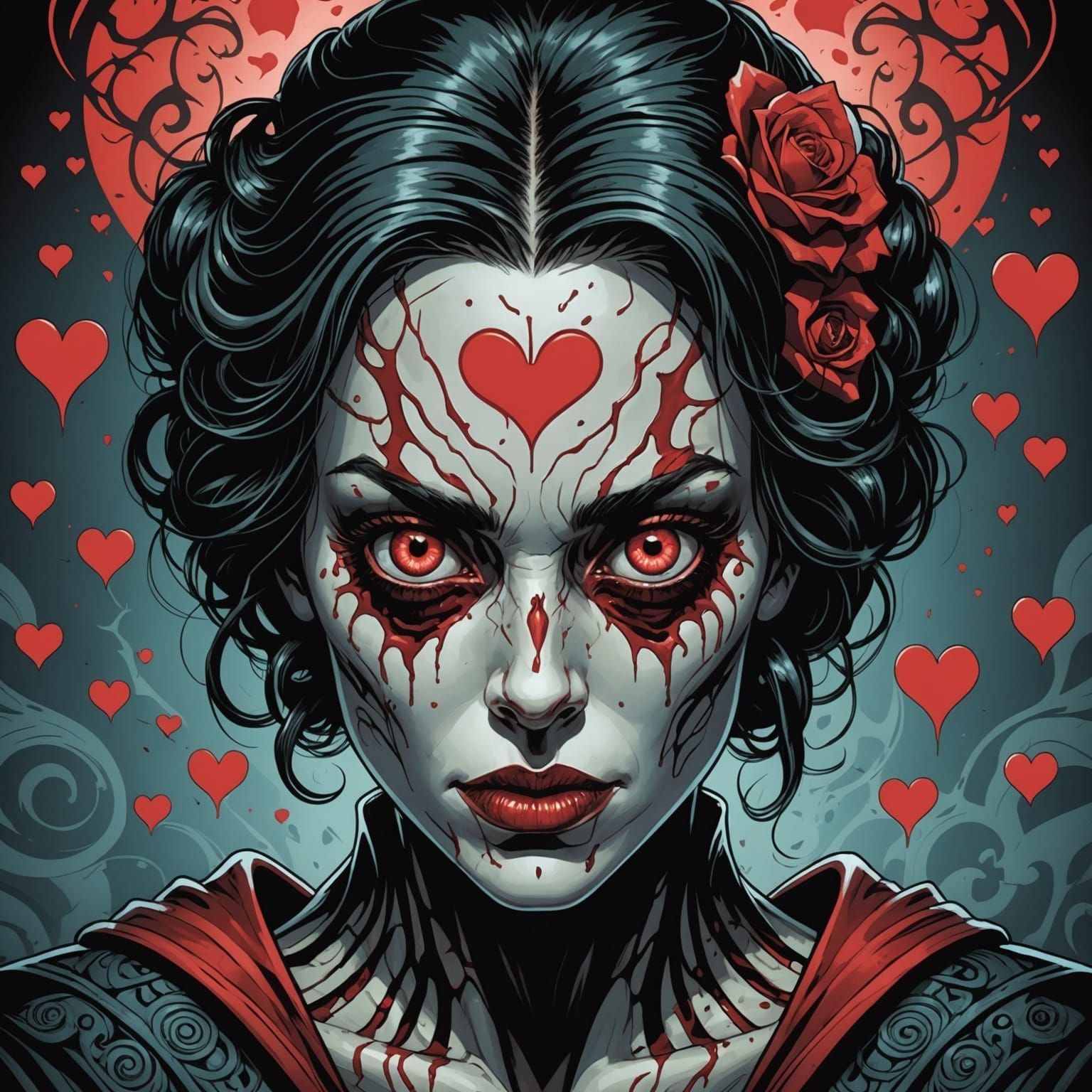 Horror Comic Book Art: Woman with Heart Eyes