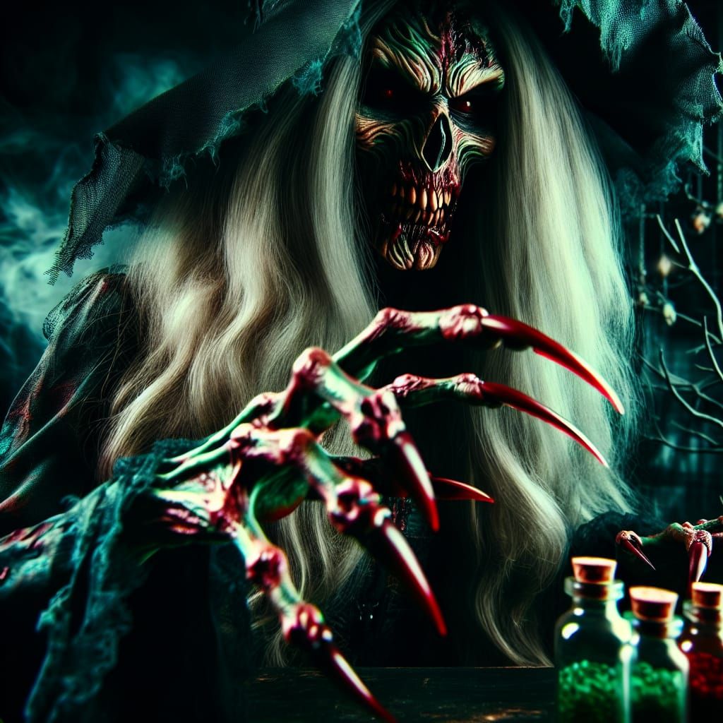 Ghastly Witch in Ominous Red and Green Hues