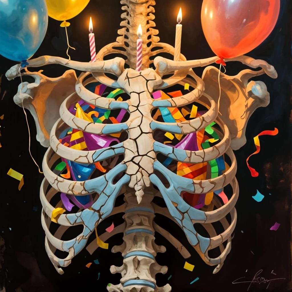 Impasto Painting of Festive Rib Cage with Decorations