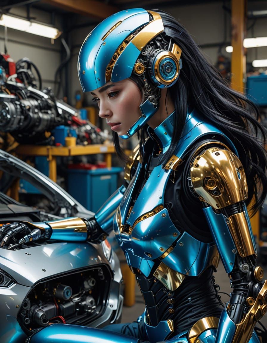 Cyberpunk Female Android Mechanic in Cluttered Garage