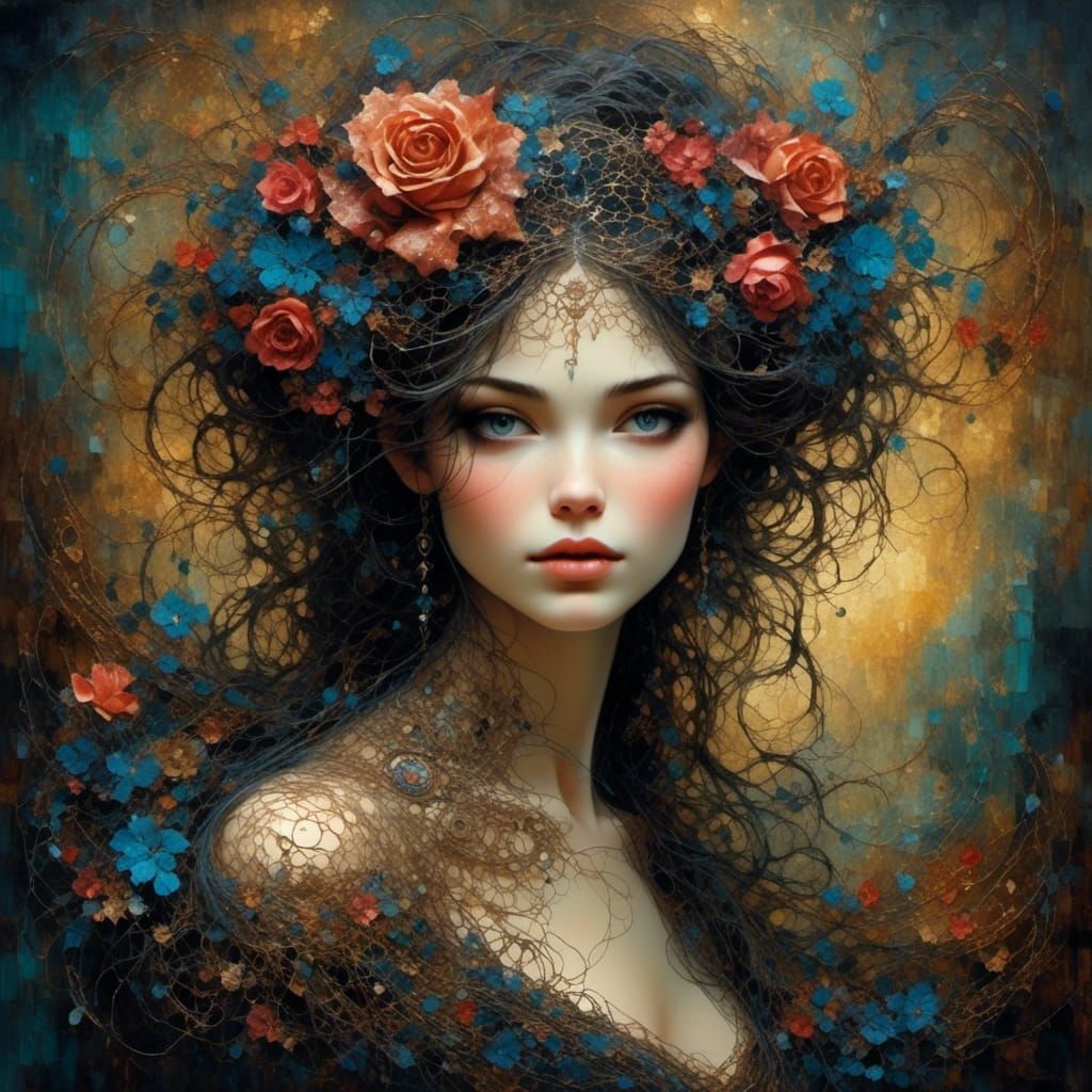 Enchanting Woman with Rose Fractal Maximalism