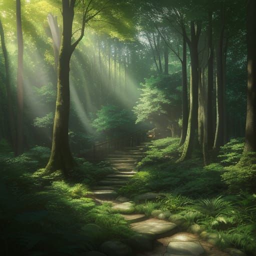 Warm Light Illuminates Serene Forest Glade in Anime Style