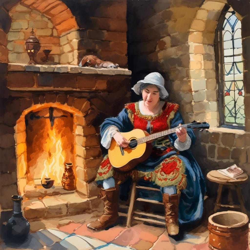 Medieval Musician with Ukulele in Gouache Style