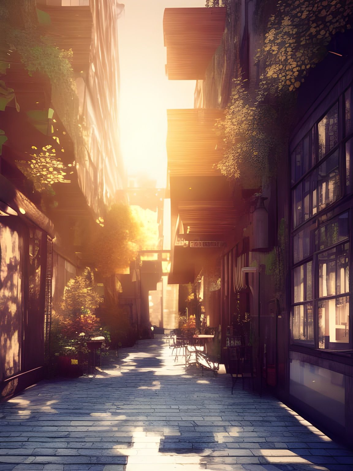 Cozy Urban Alleyway Cafe in Photorealistic Style