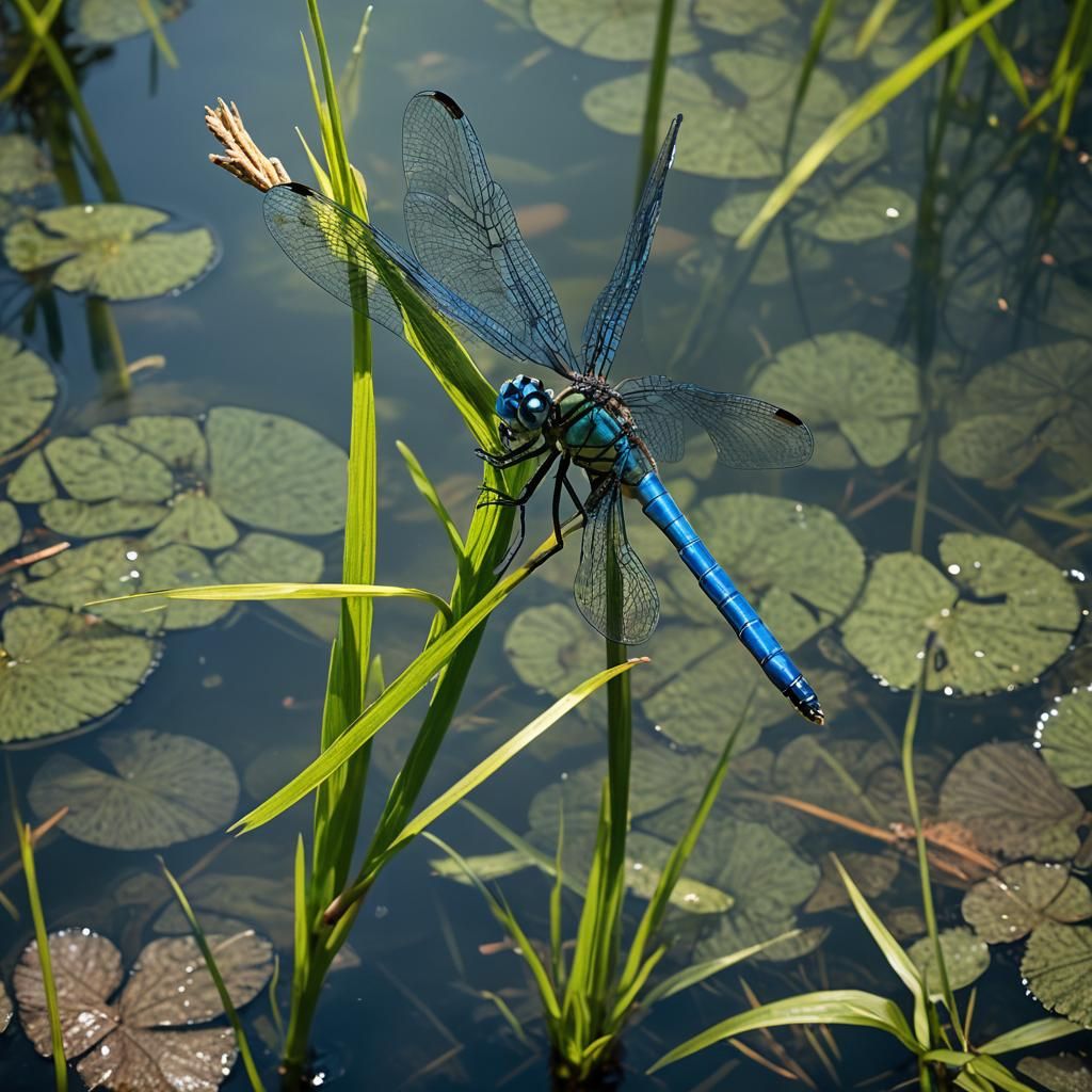 Blue Dragonfly on Pond, Macrophotography
