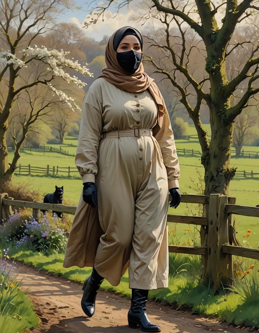 Chubby Woman in Hijab in British Countryside, Oil Painting