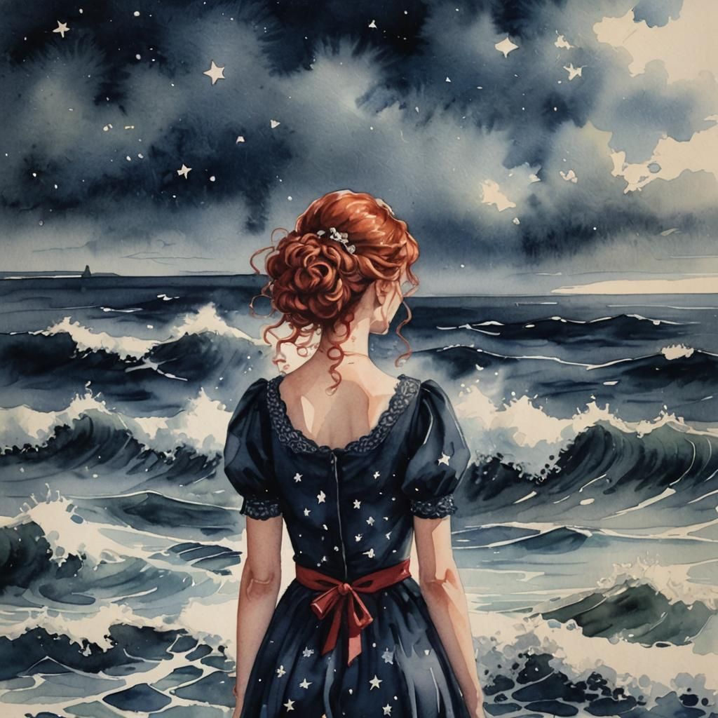 Girl Staring at Waves in Gouache Style