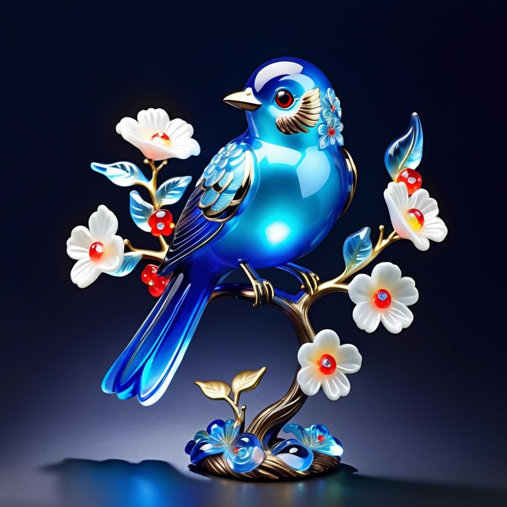 Luminous Fluffy Blue Glass Bird on Flowering Branch