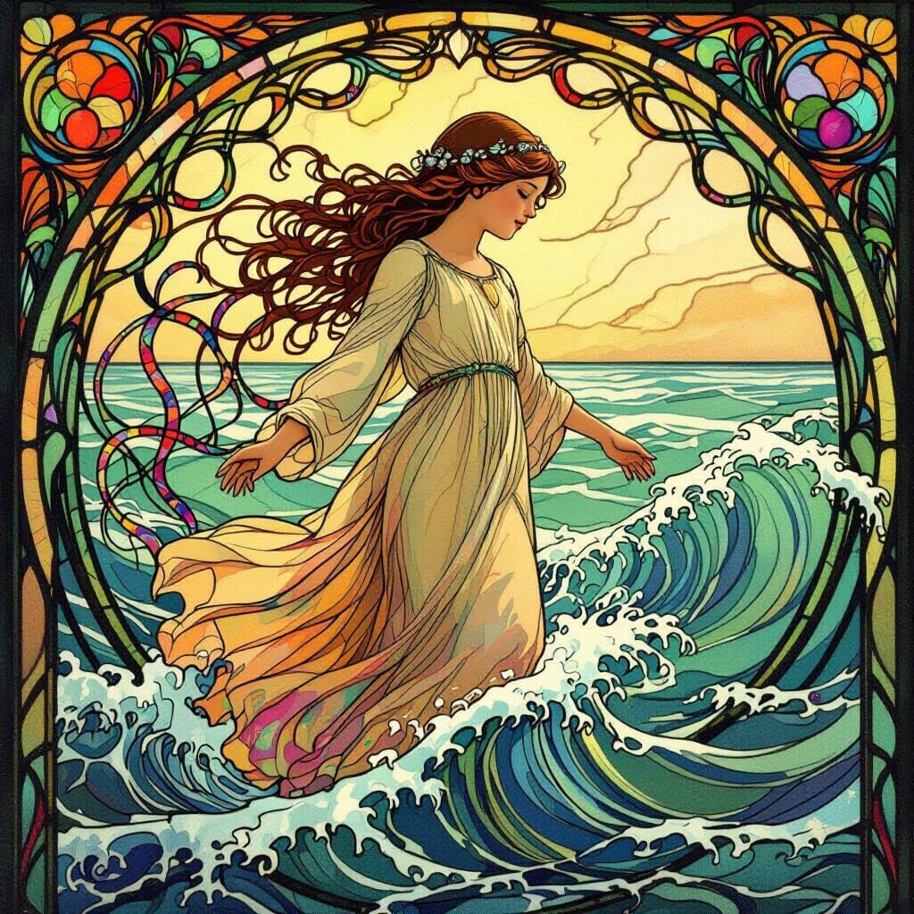 Art Nouveau Stained Glass: Girl Emerges from Sea