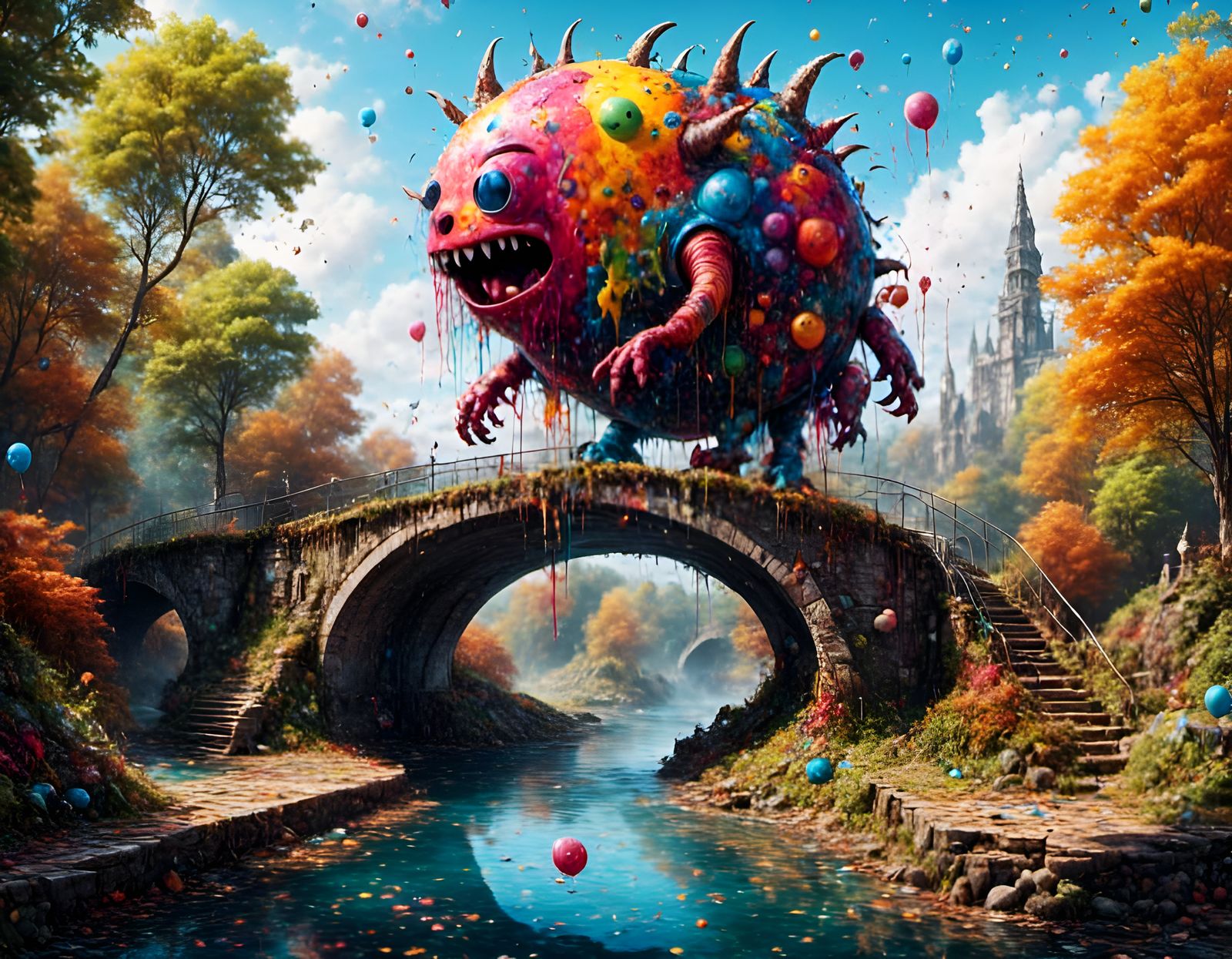 Colorful Monsters Gather Near Old Bridge