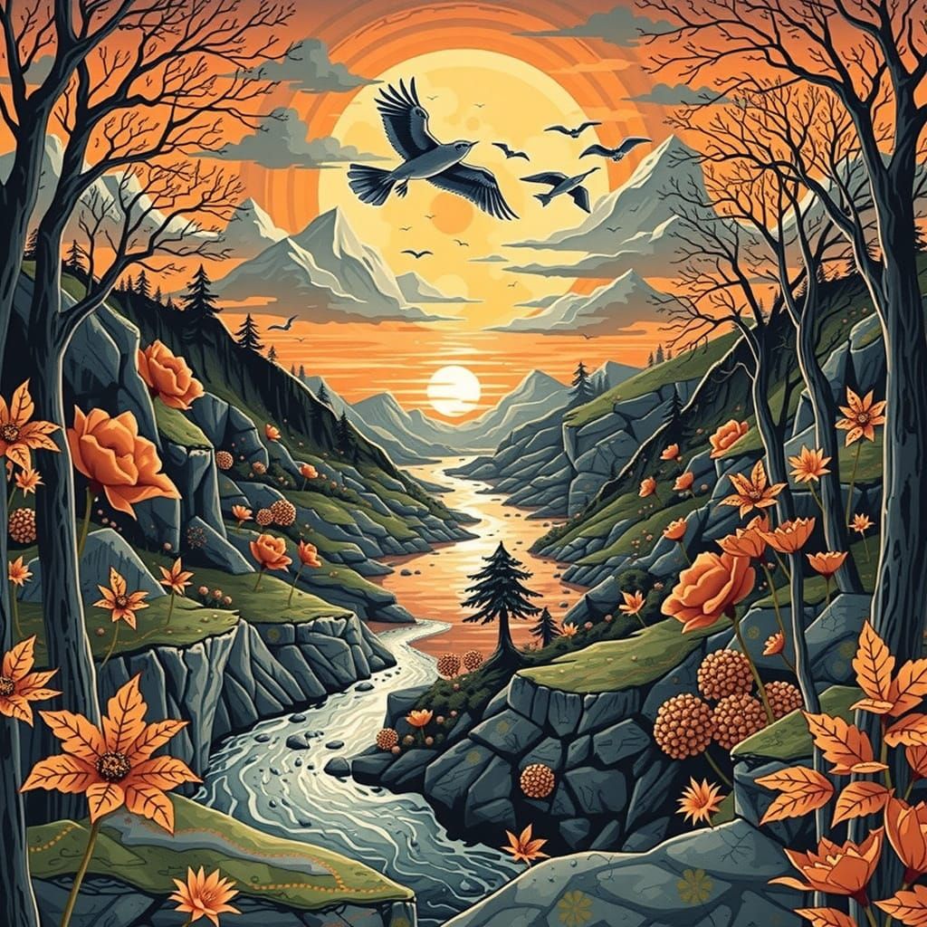 Glowing Orange Blooms in a Digital Garden