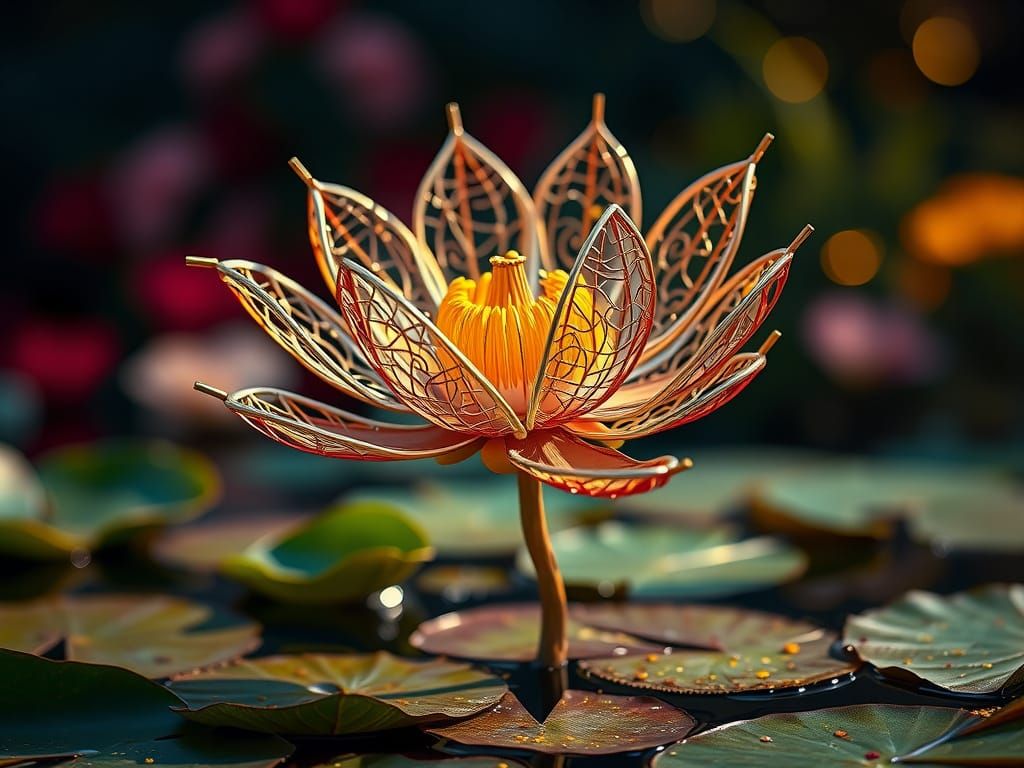Wire Flower Sculpture in Pond, Hyperrealistic Style