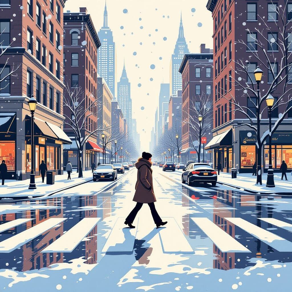 Snowy City Street Scene with Retro Comic Style