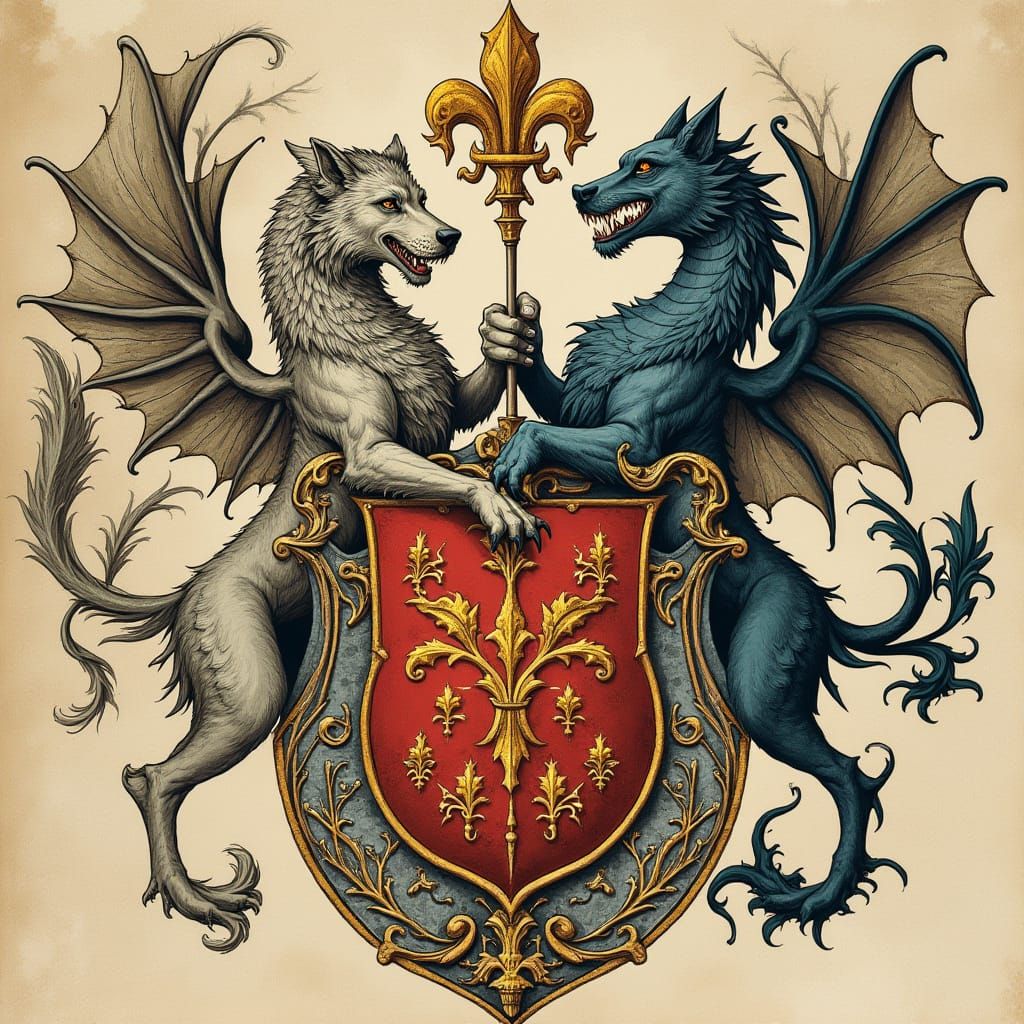 Regal Wolf and Dragon Coat of Arms in Gothic Illuminated Sty...