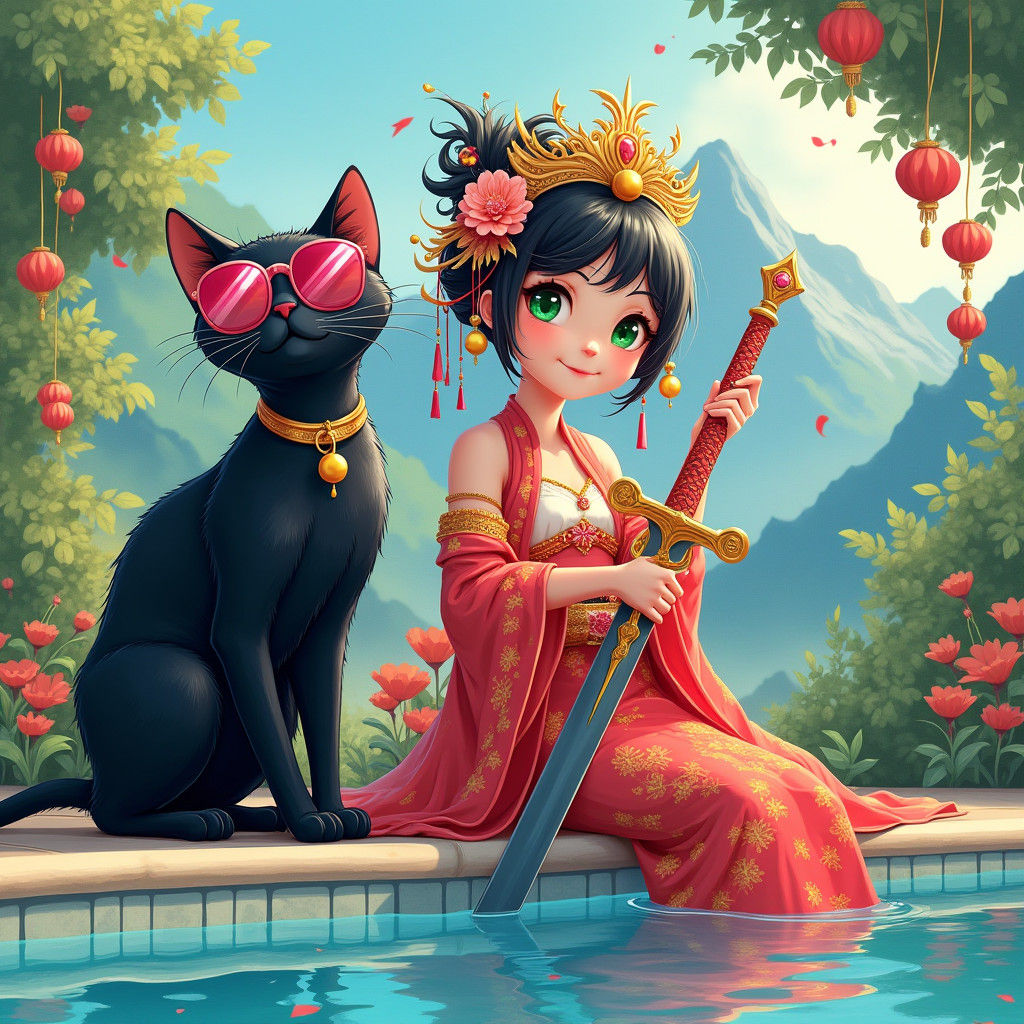 Cat in Shades Lounging Poolside in Futuristic Style