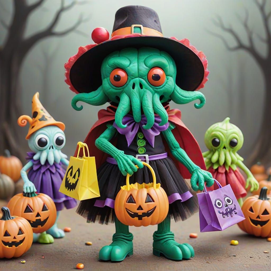 Claymation Cthulhu Trick or Treating with Little Monsters