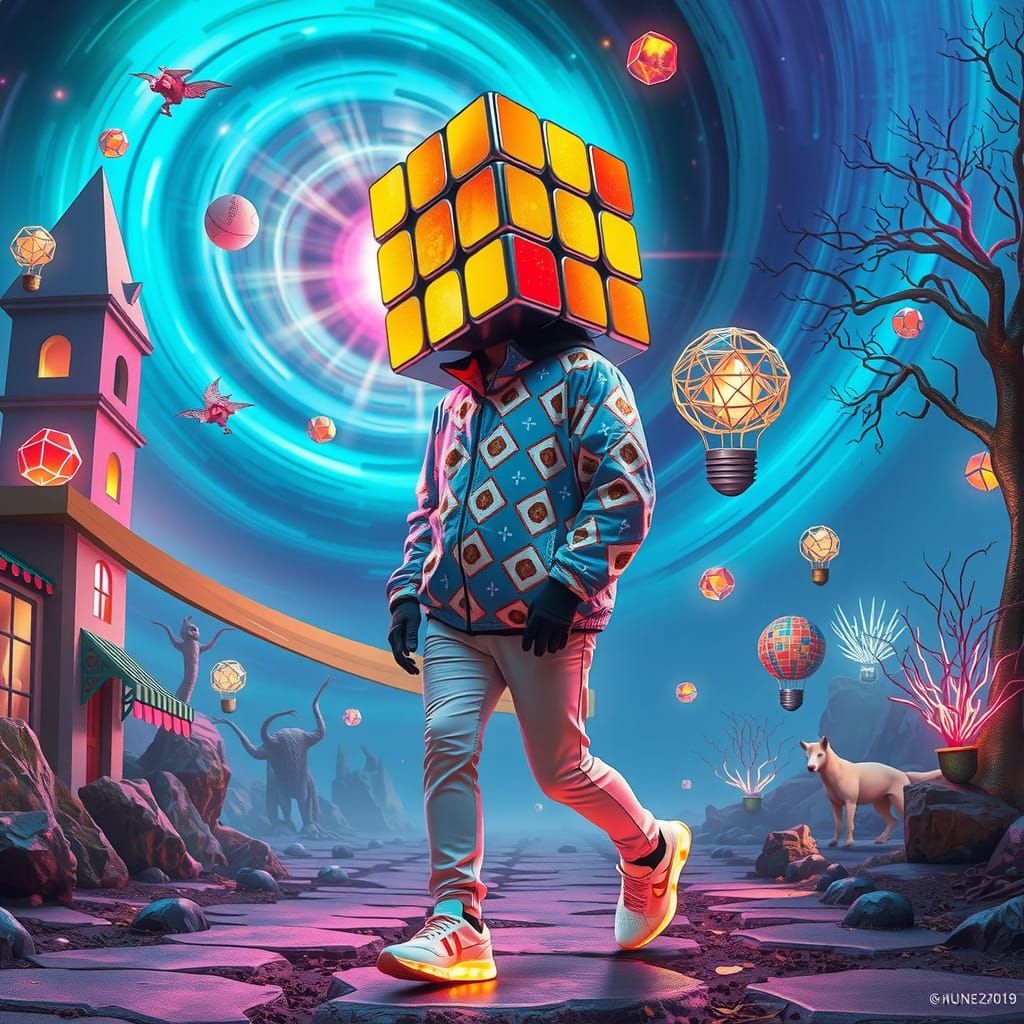Rubik's Cube Head Man in Surreal World