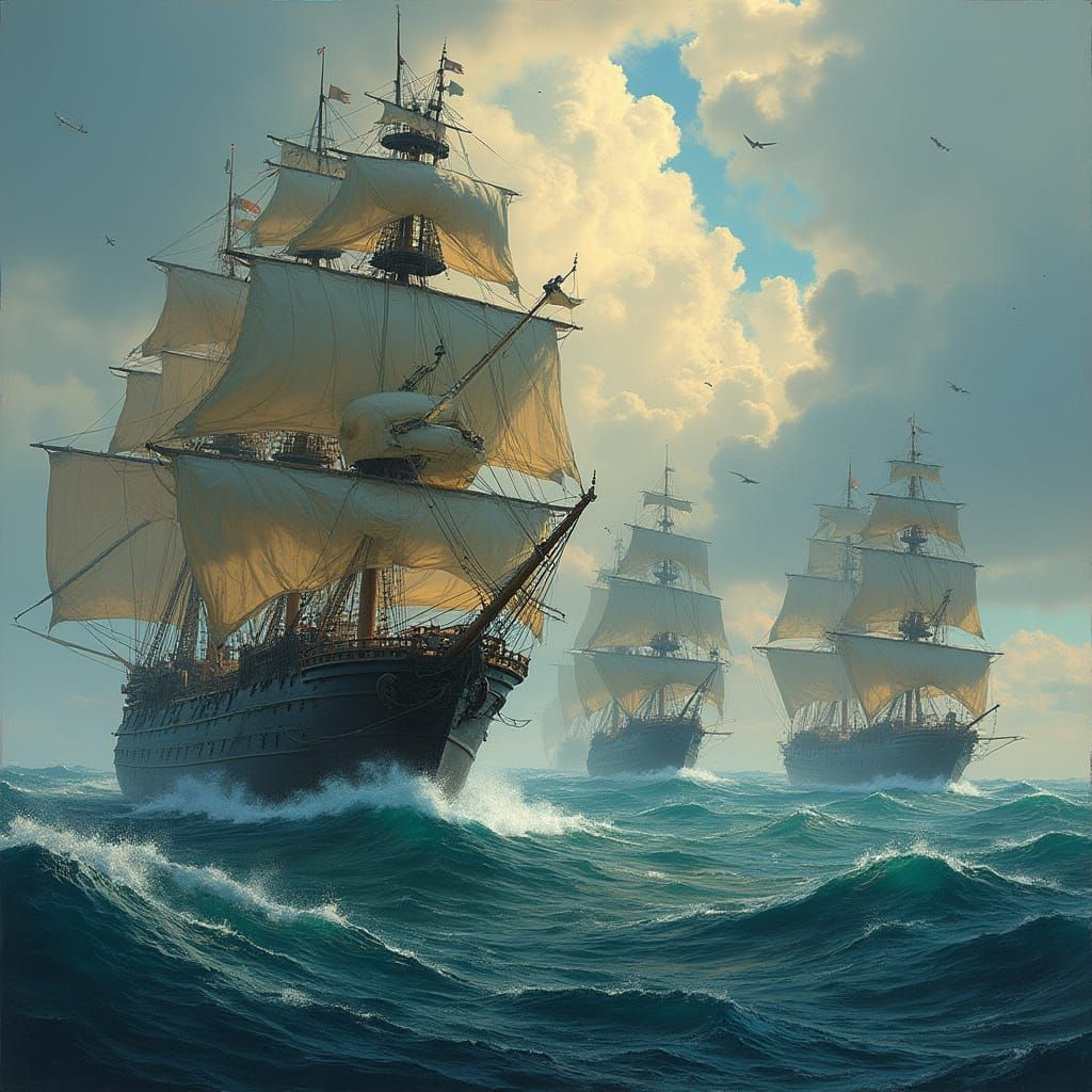 Epic Fantasy Naval Battles in a Frazetta-Inspired Style