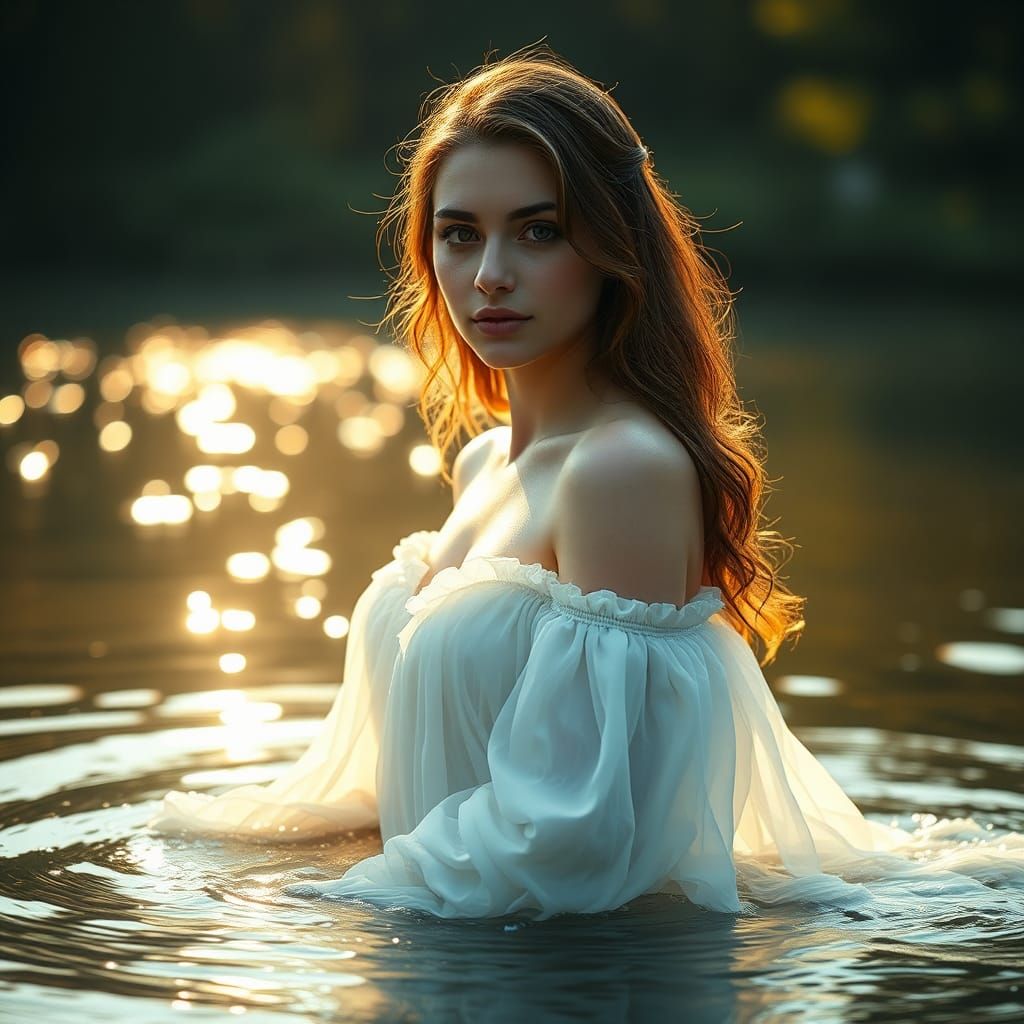 Ethereal Woman in Lake: Golden Hour Fine-Art Photography