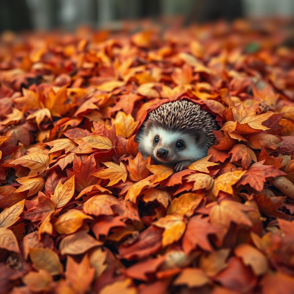 Adorable Hedgehog Peeking From Autumn Leaves in Watercolor S...