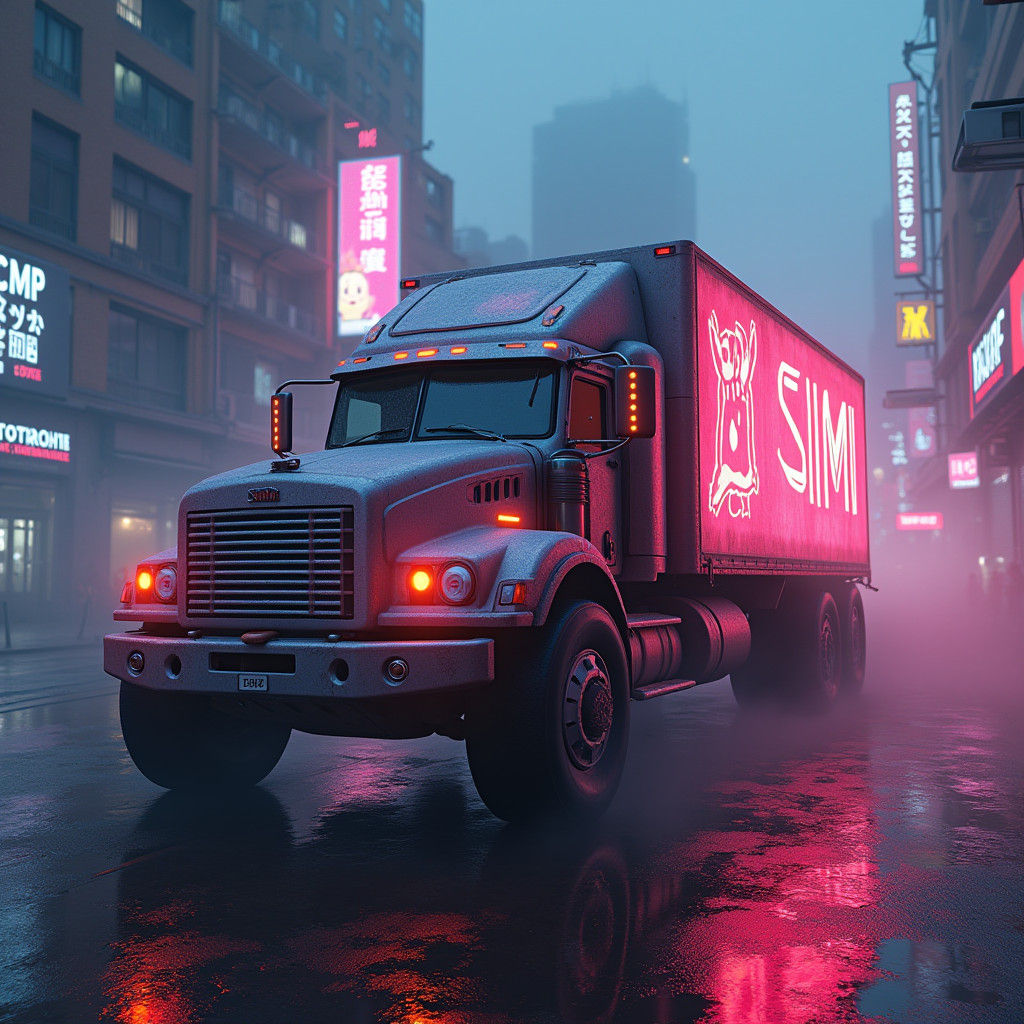 Neon Simi Truck in Dystopian Cityscape