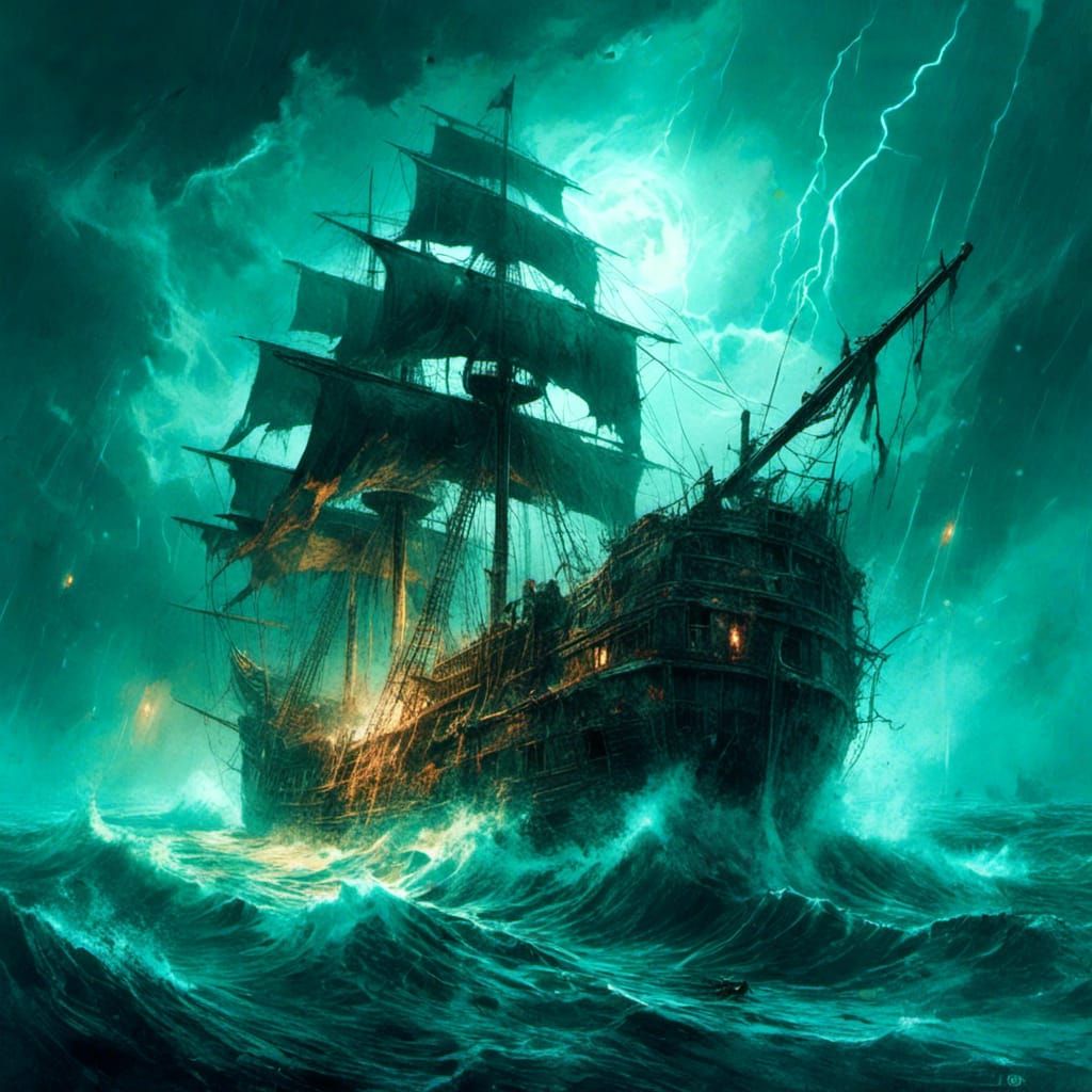 Ghost pirate ship facing the storm