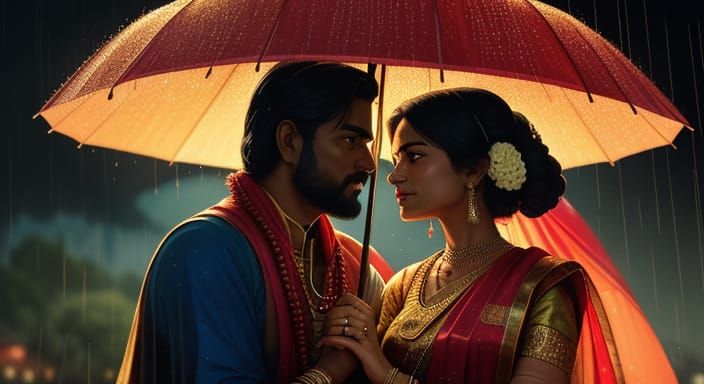 Romantic Embrace in Rainy Indian Village, Cinematic Style