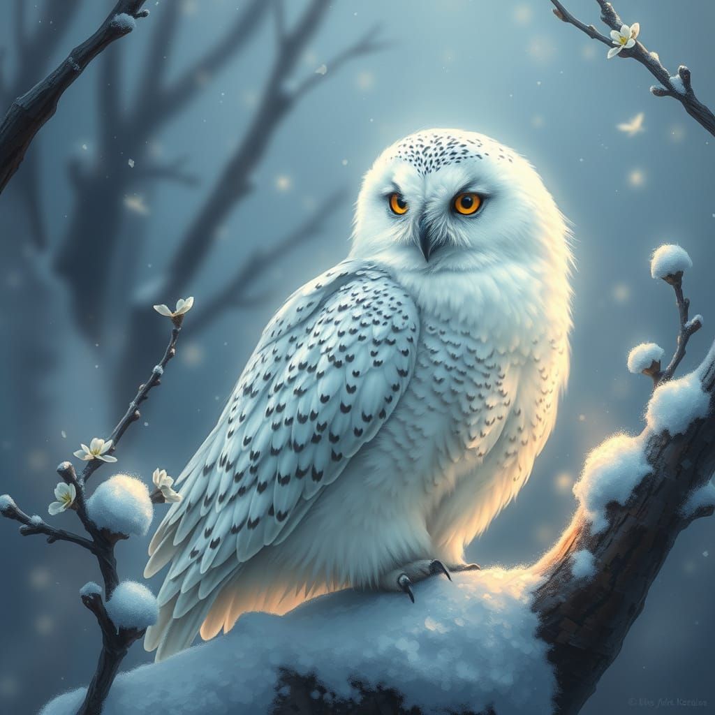 Ethereal Snowy Owl in Springtime Fantasy Landscape