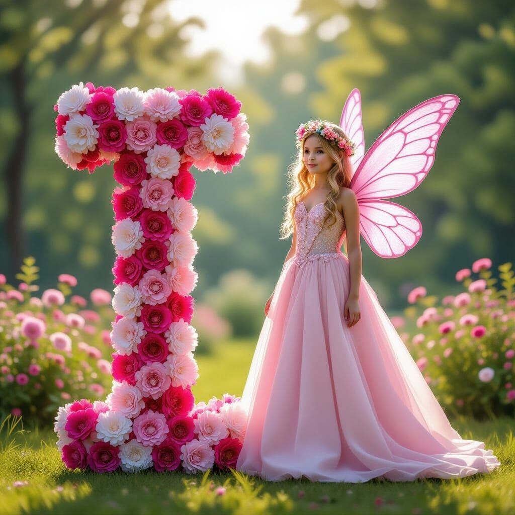 Pink Fairy Beside Carnation Letter I