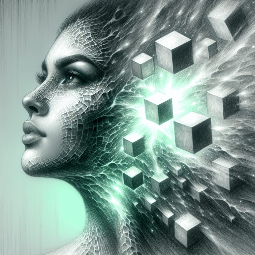 Surreal Portrait: Woman Morphing into Light Cubes