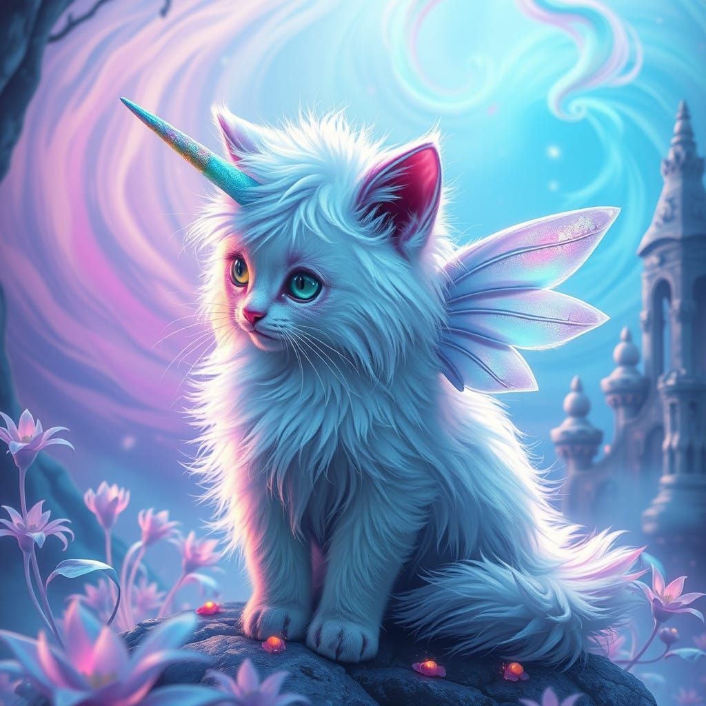 Majestic Unicorn Kitty in Whimsical Fantasy Realm