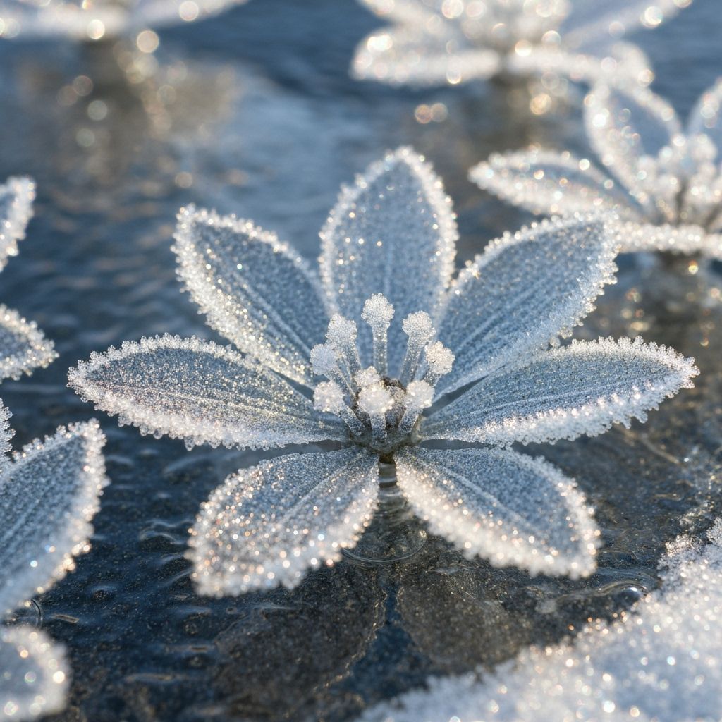 Sparkling Ice Flowers Bloom on Frozen Fountain