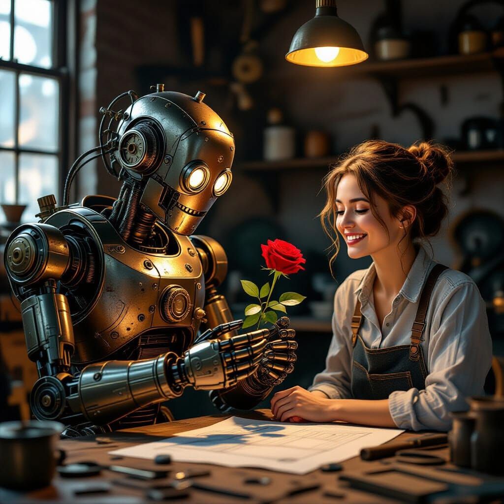 Steampunk Robot Offers Rose to Human Friend in Workshop