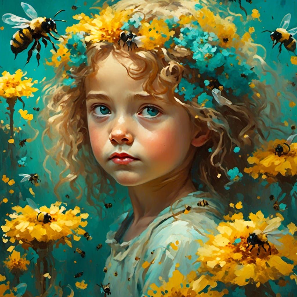 Girl in Bee Swarm: A Fauvist Oil Painting