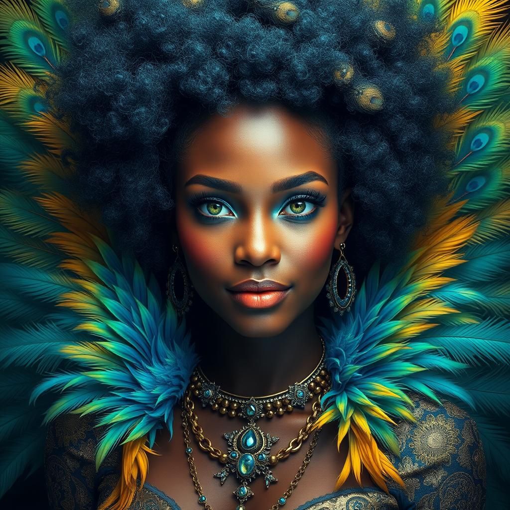 Vibrant Woman with Metallic Skin and Colorful Feathers
