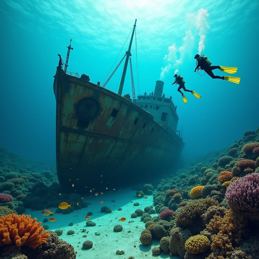 Sunken Shipwreck Scene with Divers and Coral Reef