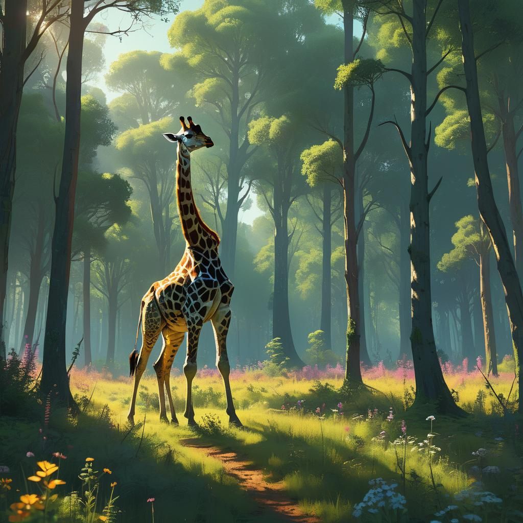 Giraffe in Forest Meadow: Cinematic Digital Painting