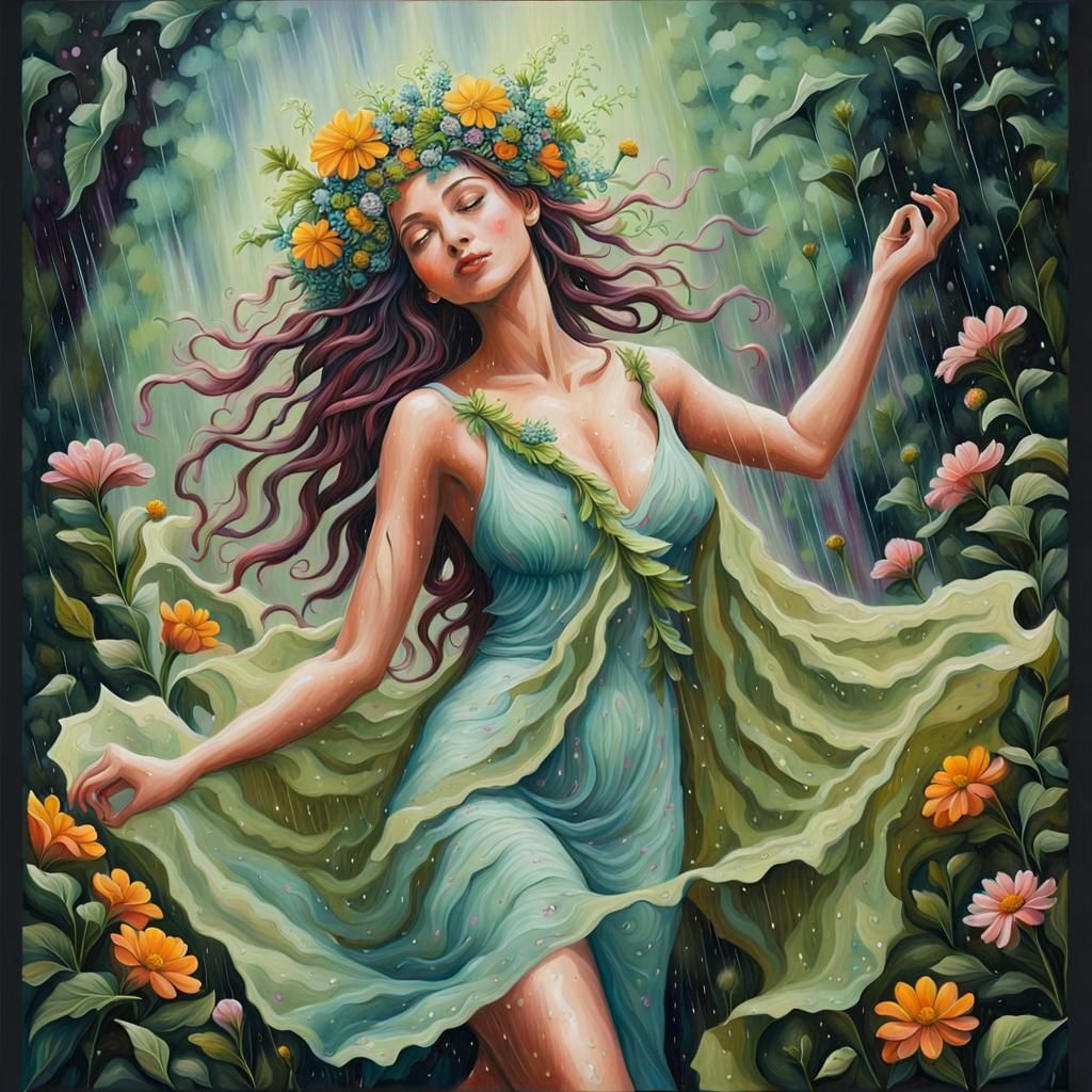 Floral Goddess Dancing in the Rain: Acrylic Painting