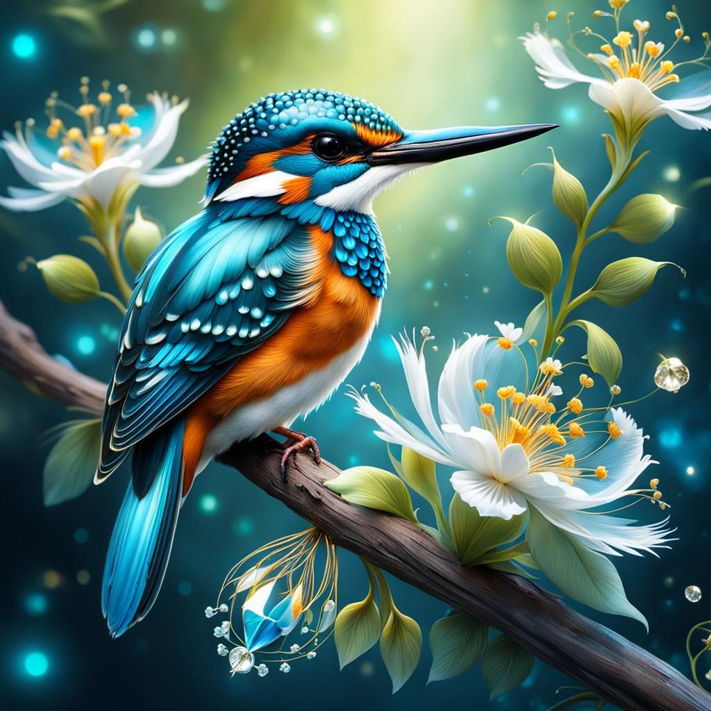 Bioluminescent Kingfisher Portrait with Fractal Details